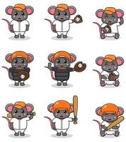 ilustración vectorial de lindo ratón con traje de béisbol. conjunto de lindos personajes de ratón. vector