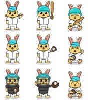 ilustración vectorial de lindo conejo con traje de béisbol. conjunto de lindos personajes de conejo. vector