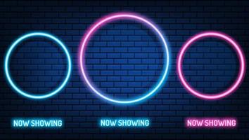 Neon Cinema mockup sign. glowing color neon square. shining led or halogen lamps frame banners. on brick wall vector set.