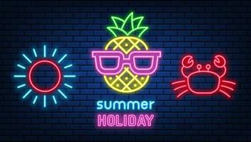 Neon pineapple summer signs glowing color shining led or halogen lamps frame banners. on brick wall vector set.