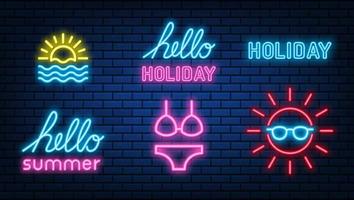 Neon hello summer signs glowing color shining led or halogen lamps frame banners. on brick wall vector set.