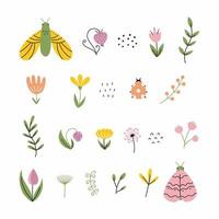 Set  sticker with flower and butterfly. Cute doodle illustration. Spring and summer badge for designer postcard. vector