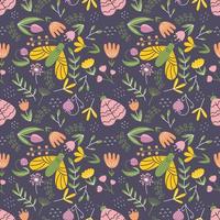 Seamless pattern for print on fabric. Cute floral motif. Butterfly and moth on dark background. Vector doodle wallpaper for nursery. Ornament with cute flower.