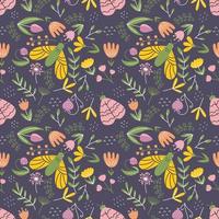 Seamless pattern for print on fabric. Cute floral motif. Butterfly and moth on dark background. Vector doodle wallpaper for nursery. Ornament with cute flower.