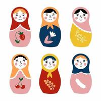 Russian matryoshka doll. Set vector illustration in doodle style. Ttraditional toy.