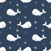 Dark blue pattern with  cute whale. Endless background  nursery. Repeating wallpaper for sewing clothes and printing on fabric. Children vector illustration.