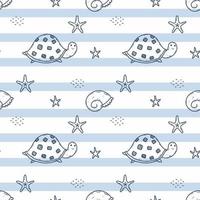 patrón transparente azul con tortuga. estrellas de mar y conchas marinas. impresión en tela y papel de regalo. fondo de pantalla sin fin. vector
