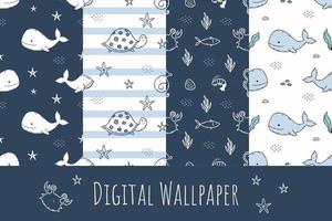 Set of patterns for sewing baby clothes. Endless sample with oceanic fish and marine life. Printing on fabric and wrapping paper.