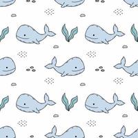 Seamless pattern with cute whale in sea. Endless wallpaper in nursery. Printing on fabric and wrapping paper. vector