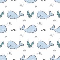 Seamless pattern with cute whale in sea. Endless wallpaper in nursery. Printing on fabric and wrapping paper. vector