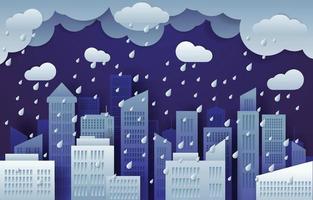 paisaje urbano lloviendo en la noche con estilo de corte de papel vector