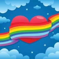 ondeando la bandera del arco iris en el corazón rosa vector