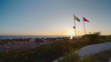 Liegestühle und Sonnenschirme am Strand, Tunesien, Afrika. video
