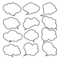 Set of white speech bubbles, empty bubbles with black borders, speaking and talk, communication and dialogue, vector illustrations.