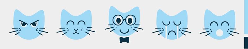 conjunto de iconos de expresión de cabeza de gato azul aislado sobre fondo blanco vector