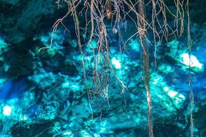 Blue turquoise water limestone cave sinkhole cenote Tajma ha Mexico. photo