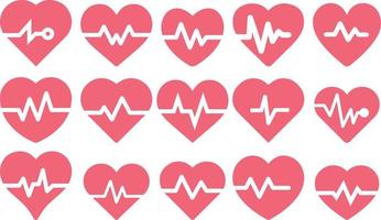 Red lined heart with beat set pulse inside. Heart sign inside pulse collection vector