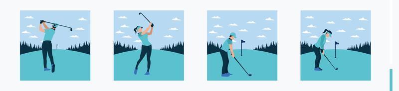 golf man and golf woman swing - golf sport set colored cartoon vector