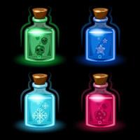 Set magic glass bottles cartoon style isolated black background vector