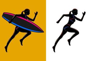 mujer corriendo sosteniendo una tabla de surf vista lateral silueta aislada vector