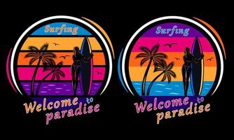 sunset beach surfing woman silhouette print shirt vector