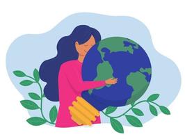 Happy Young woman embracing the planet Earth in shape of lightbulb lamp World Earth Day and Save the Planet concept of conservation, protection and reasonable consumption of natural resources. vector