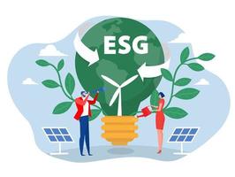 businesswoman water the plants  on Earth in shape of lightbulb lamp with ecology problem ESG  renewable, green, safe and long term source concept vector illustration.
