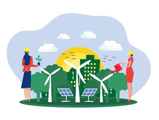 people using clean energy or ESG  nature protection, nature saving conceptconcept of environmental ,plant trees to produce air making the world's environment better.