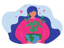 mujer joven sosteniendo el planeta tierra tierra con árboles plantados concepto de conservación, plantación, día mundial del medio ambiente, biotecnología, vector ilustrador natural del planeta verde