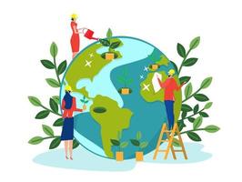 Team business holding  plants cooperation Nature on earth day conservation  Eco friendly ecology ESG or ecology problem concept.  vector illustration