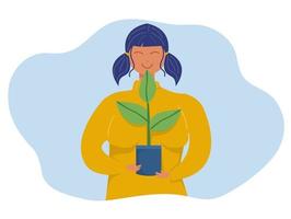 energía ecológica verde del día mundial de la tierra, mujer joven sosteniendo un árbol vegetal en el cultivo de plantas del día mundial de la tierra. agricultura, ecología, medio ambiente dibujos animados vector plano