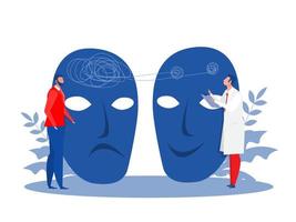 Expresiones de prueba del médico máscaras del síndrome del impostor con caras y emociones falsas del trastorno bipolar felices o tristes ilustrador vectorial del concepto de salud vector