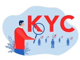 kyc o conozca a su cliente con el negocio verificando la identidad del concepto de sus clientes en los futuros socios a través de un ilustrador de vectores de lupa