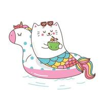 linda sirena de dibujos animados de gatos bebiendo coco en el anillo de natación de unicornio para el verano. vector