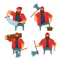 Set of male lumberjack cartoon characters holding axes, chopping wood in flat vector illustration isolated on white background.