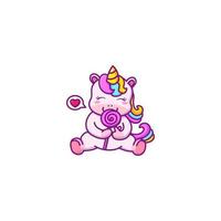 lindo personaje de dibujos animados de unicornio comiendo dulces vector