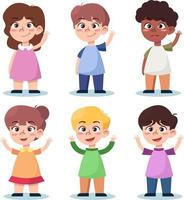 un grupo de seis niños pequeños y divertidos con diferentes colores de piel y cabello vector