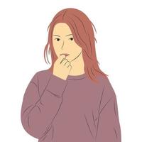 Portrait of beautiful female character holding her mouth in flat cartoon style vector