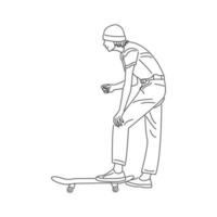 Young man with a skateboard in line art style vector