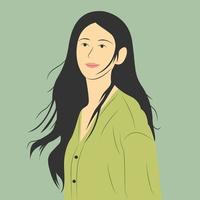Vector illustration of asian girl with long hair in flat cartoon style