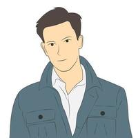 Handsome male character wearing blue jacket. Flat cartoon illustration vector