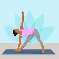una mujer de piel oscura hace yoga en el estudio. ilustración de vector de color en estilo plano