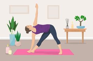 una mujer de piel clara hace yoga en un apartamento rodeada de plantas y velas. ilustración de vector de color en estilo plano