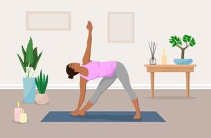 A dark-skinned woman does yoga in an apartment surrounded by plants and candles. Color vector illustration in flat style