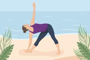 una mujer de piel clara hace yoga en la playa. ilustración de vector de color en estilo plano