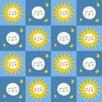 Grid retro seamless pattern with sun and moon in 1970s style. vector