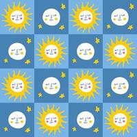 Grid retro seamless pattern with sun and moon in 1970s style. vector