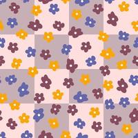 Checkers seamless pattern with abstract flowers in 1970s style. vector