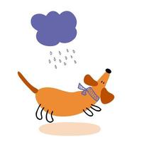 Cachorro dachshund sin hogar dibujado a mano huyendo de la lluvia. vector