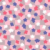 Checkers seamless pattern with colorful flowers in 1970s style. vector